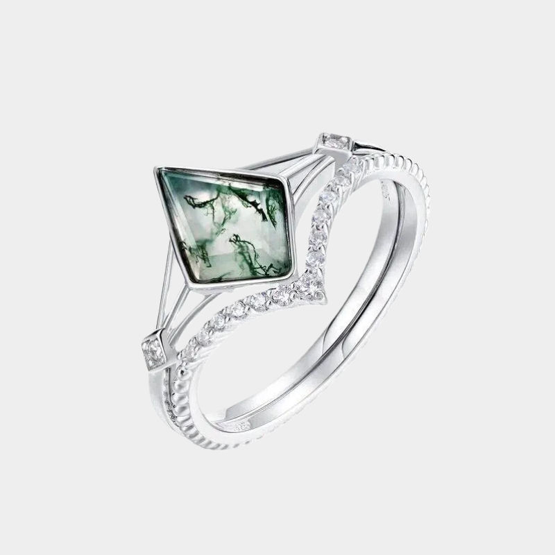 Stackable Geometric Moss Agate Closed Ring