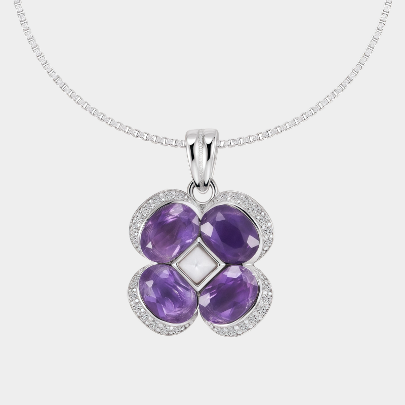 Lucky Clover Series Natural Amethyst Four-Leaf Clover S925 Silver Collar Necklace