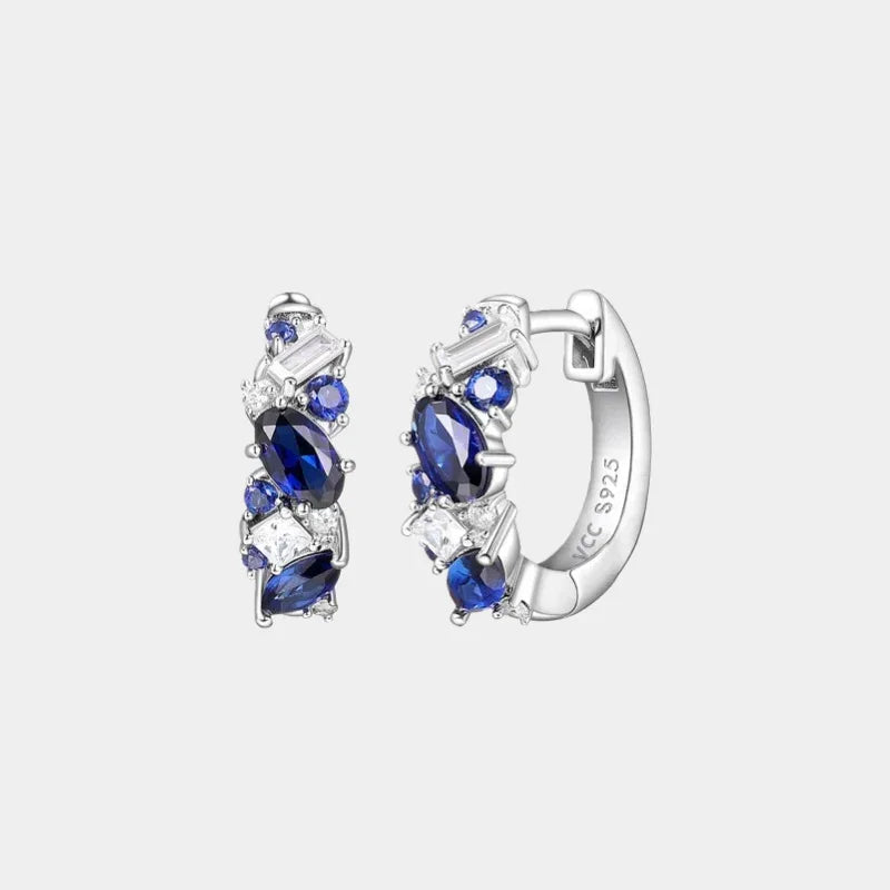 Sapphire S925 Silver Rhodium-Plated Stacked Gem Hoop Earrings - OOAKB