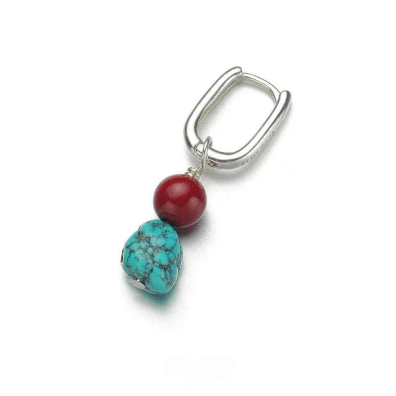 S925 Silver Turquoise & Red Bead Dangle Earrings - OOAKB