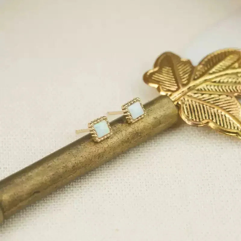 White Opal S925 Silver Square Geometric Earrings - OOAKB