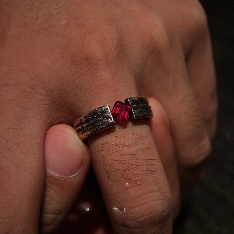 S925 Silver Handmade Hammered Vintage Ruby Ring