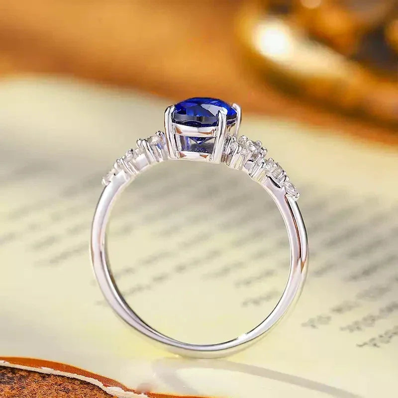 Sapphire S925 Silver Side Diamond-Accented Oval Ring - OOAKB