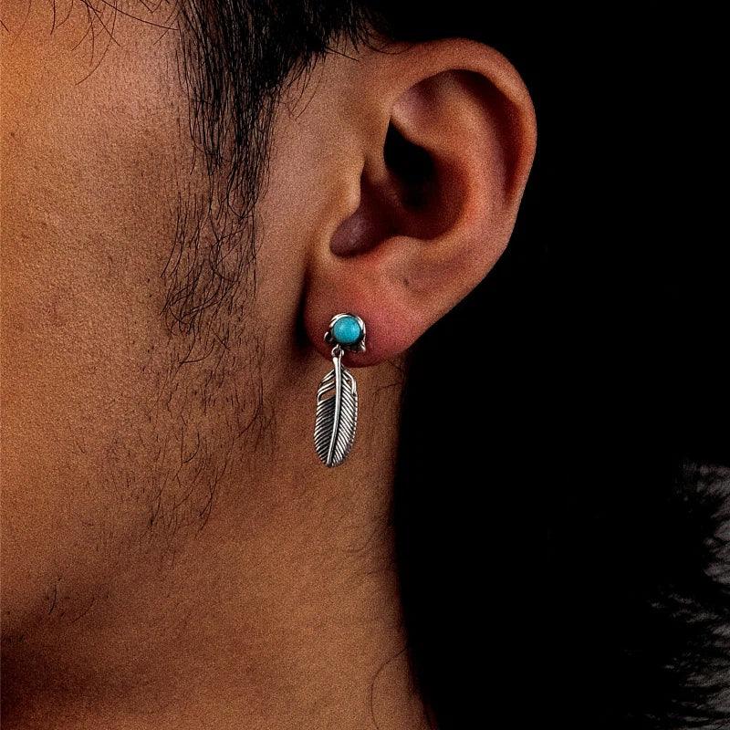 Silver Turquoise Feather Earrings Unisex - OOAKB