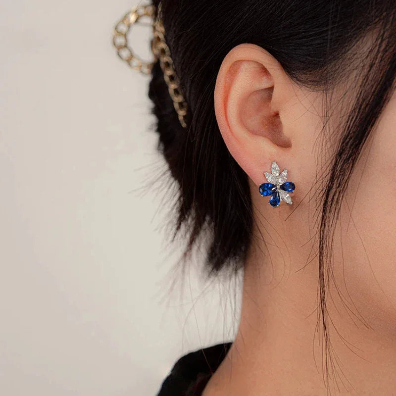 Sapphire Flower Earrings S925 Silver Women's Style - OOAKB