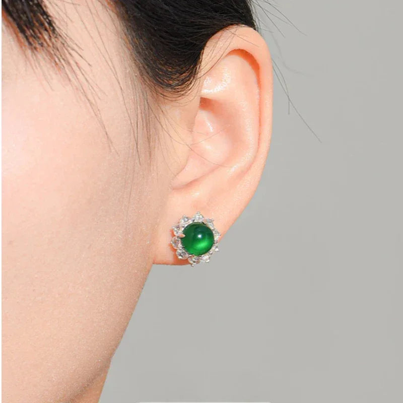 Chrysoprase Sunflower Cabochon Earrings S925 Silver Women's Style - OOAKB