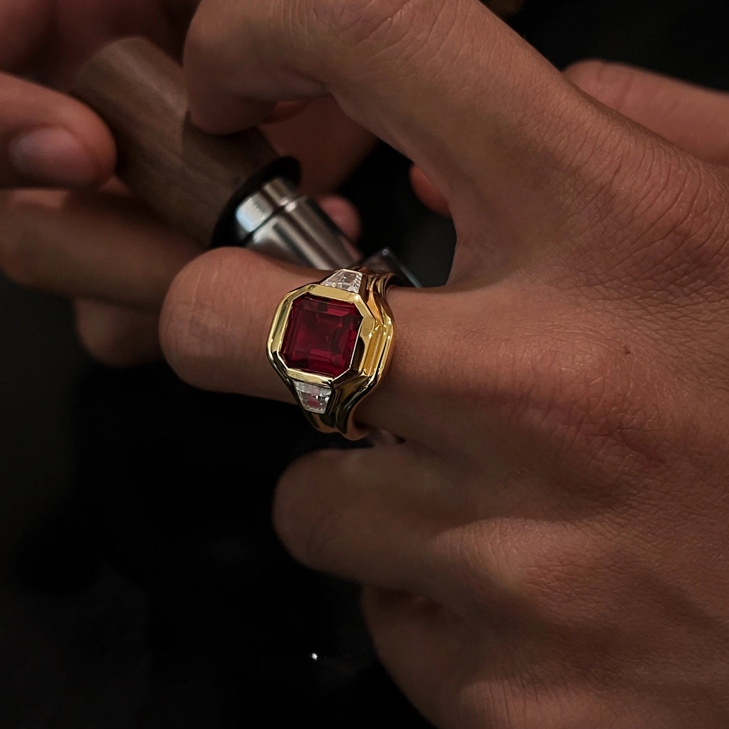 S925 Silver Plated 18K Gold Three-Stone Ruby Ring