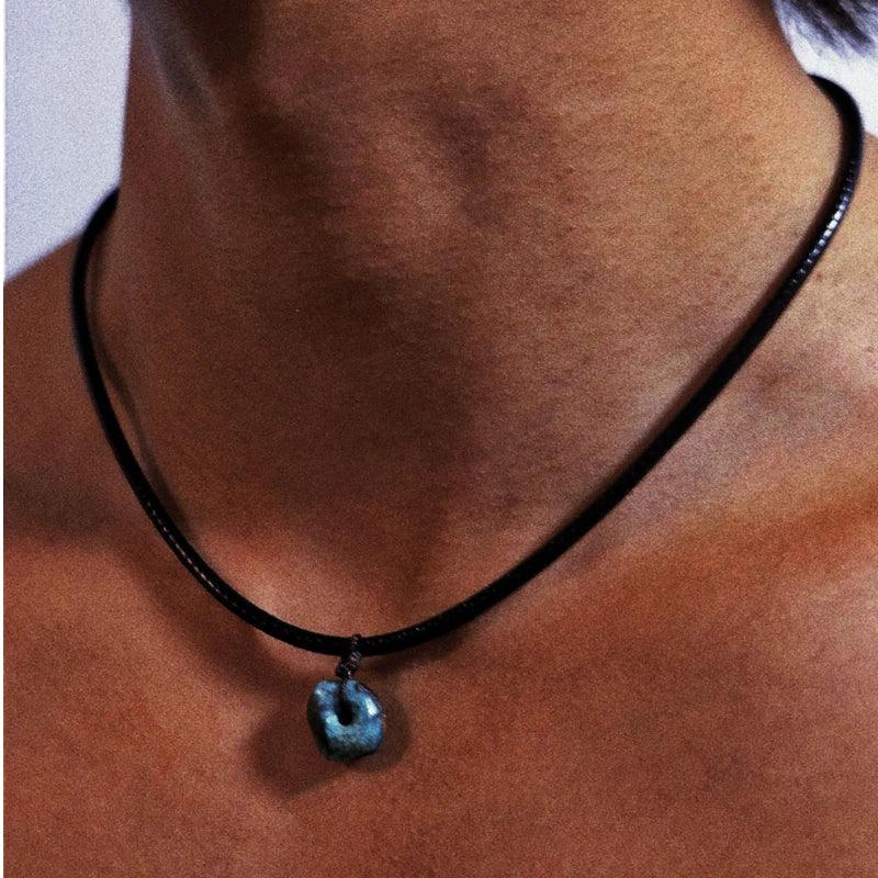 Black Cord Turquoise Pendant Necklace Unisex - OOAKB