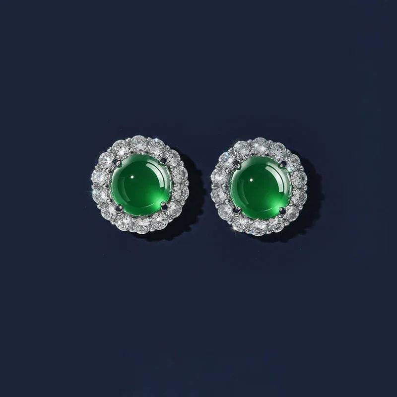 Jade Green Icy Chrysoprase Stud Earrings S925 Silver Women's Style - OOAKB