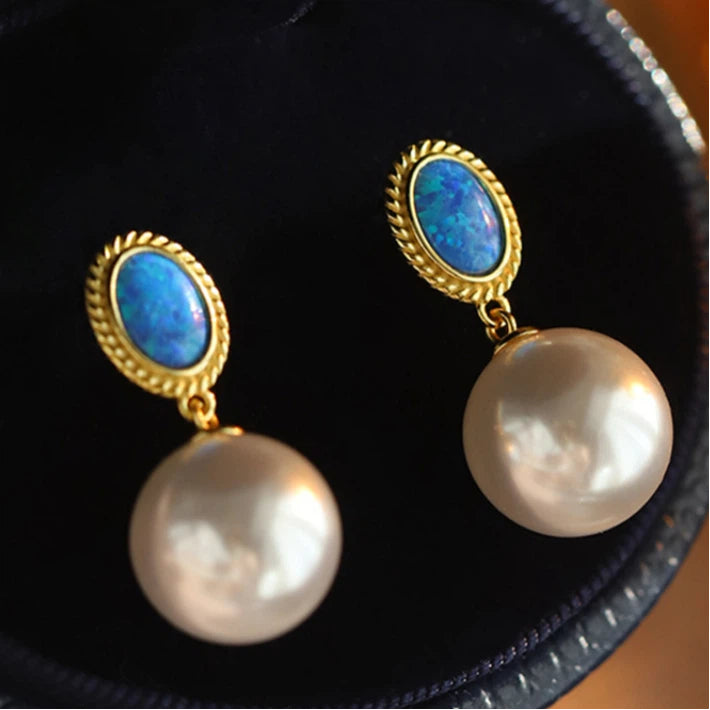 Blue Opal S925 Silver Pearl Vintage Earrings