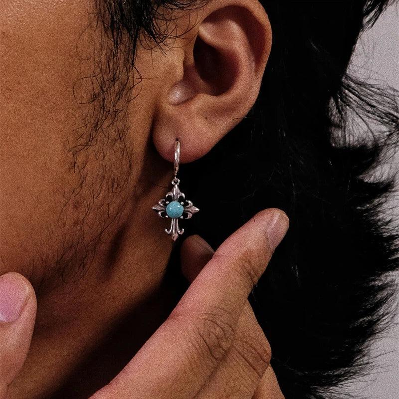 Silver Cross Turquoise Earrings Punk Style - OOAKB