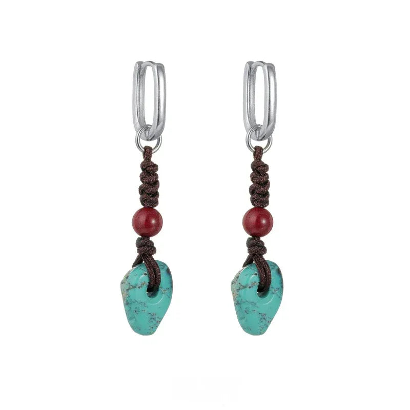 Silver Black Cord Turquoise Earrings Unisex - OOAKB