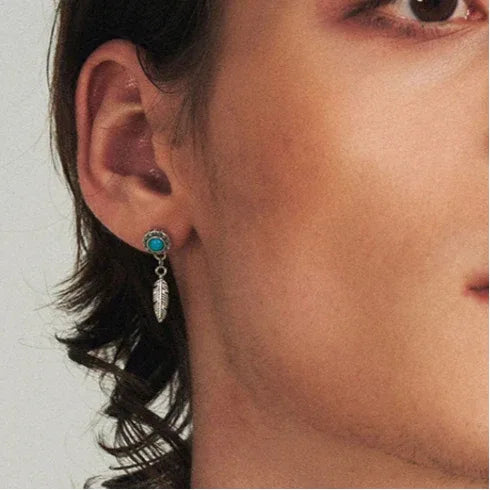 S925 Silver Antiqued Feather Turquoise Earrings - OOAKB