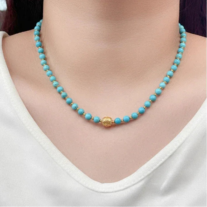 Natural Turquoise Round Bead Gradient Tower Chain DIY Luxury Necklace - OOAKB