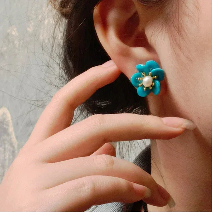 Natural Turquoise Seed Material Pearl Flower Earrings - OOAKB