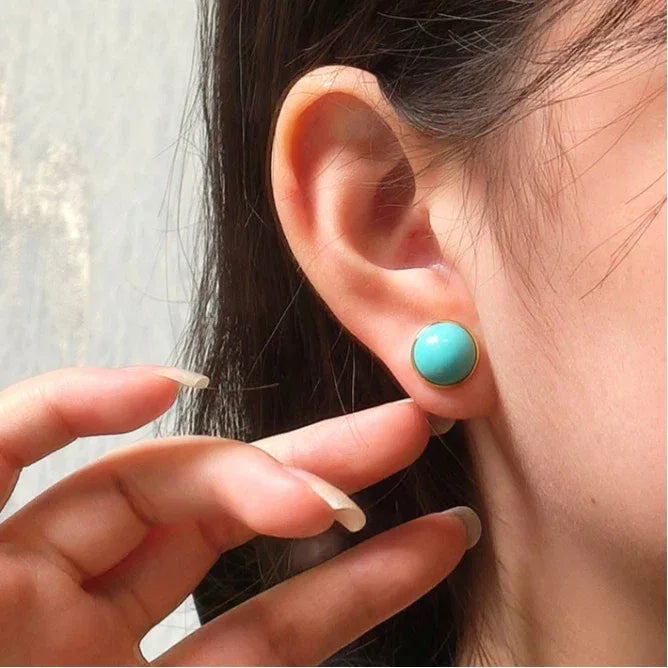 Natural Turquoise Single Bead Round Earrings - OOAKB