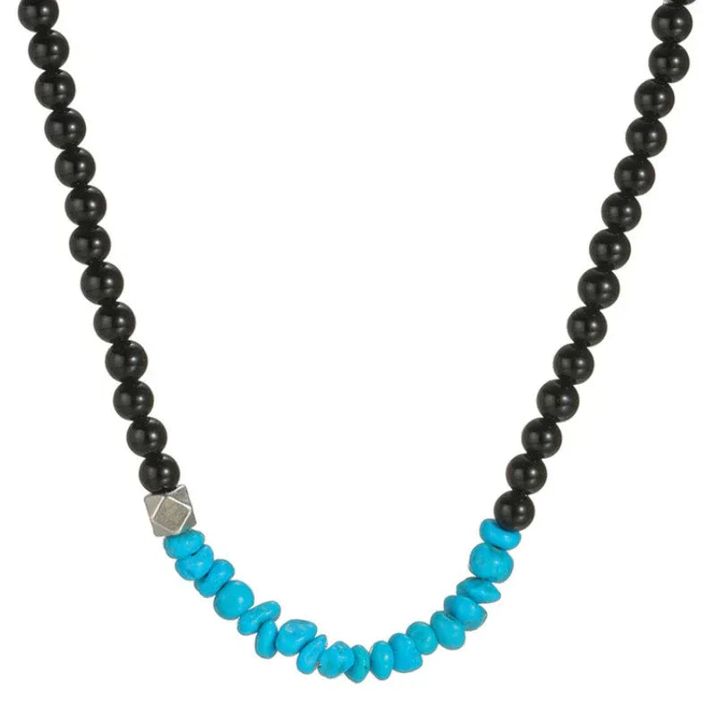 Silver Black Agate Turquoise Beaded Necklace - OOAKB