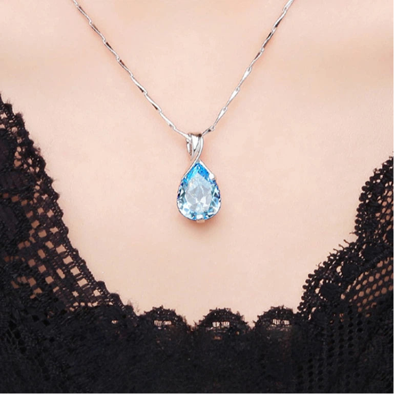 Sea Blue Topaz S925 Silver Teardrop Pendant Necklace
