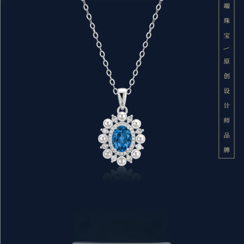 Natural Topaz Blue Gemstone Collar Necklace Women's Style S925 Silver