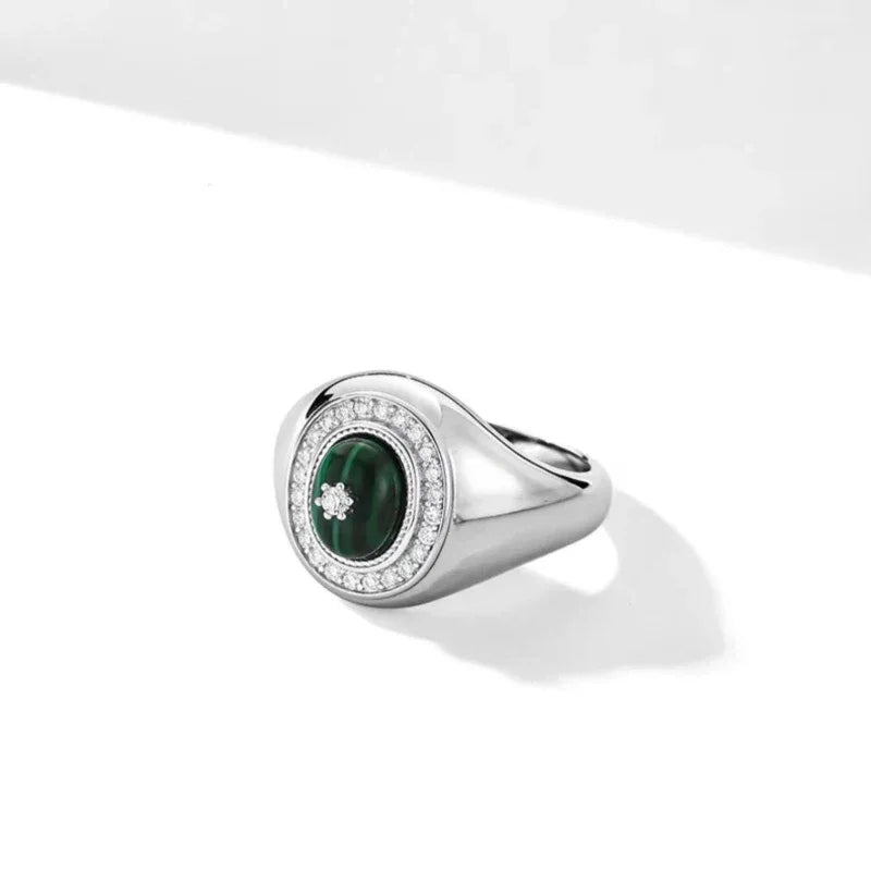 Full Diamond Cabochon Malachite Ring Women's Style - OOAKB