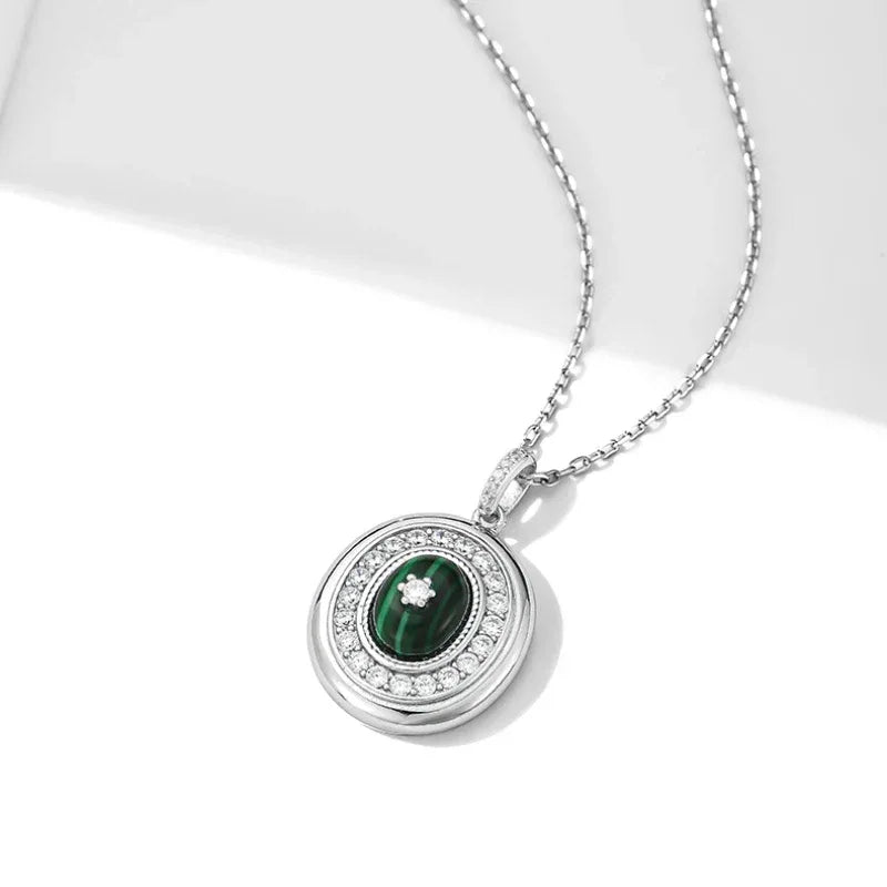 Malachite Cabochon Micro-Pave Pendant Necklace S925 Silver - OOAKB
