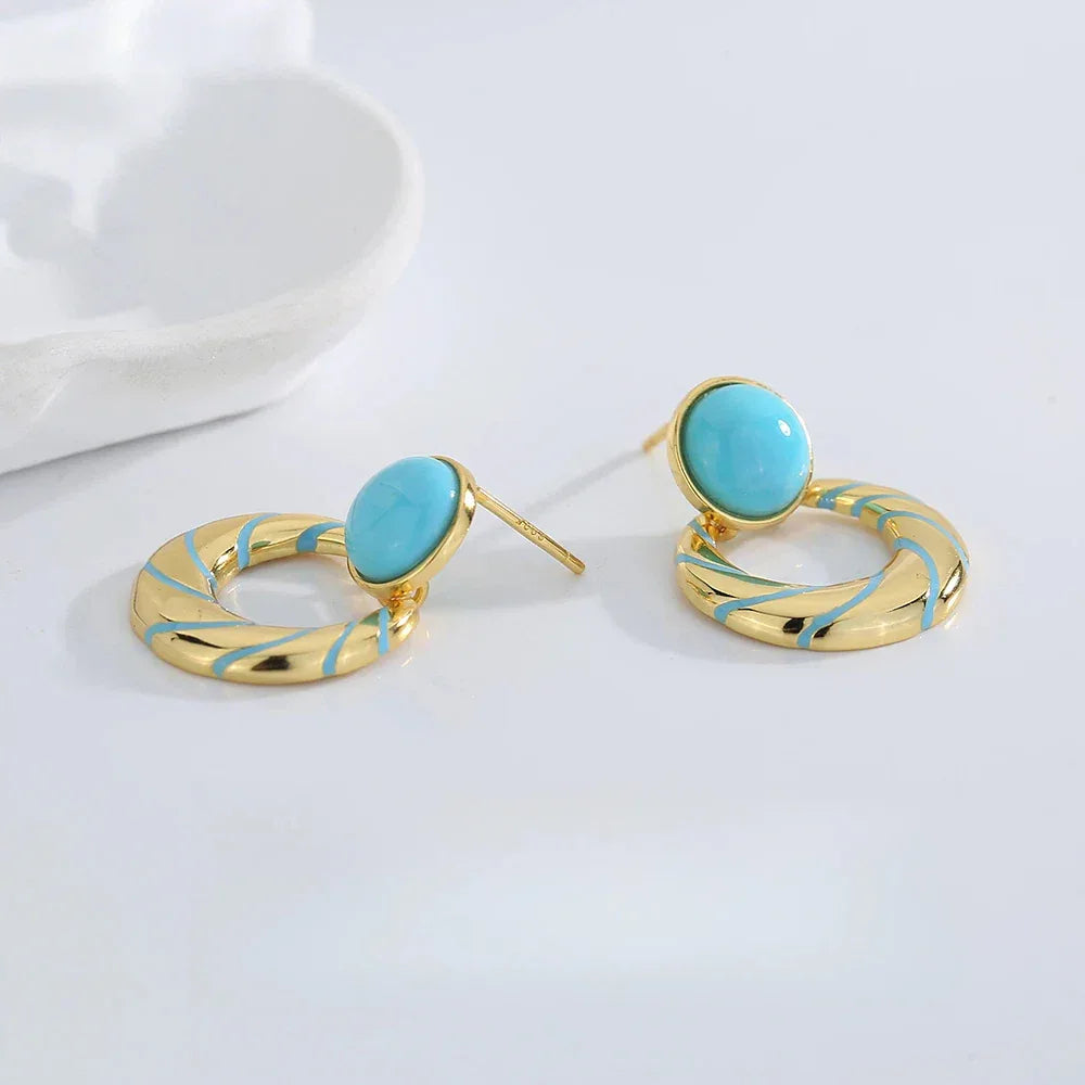 Turquoise Moon-Round S925 Silver Earrings - OOAKB