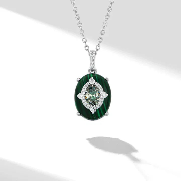 Malachite Cabochon Inlaid Sparkling Diamond Necklace S925 Silver - OOAKB