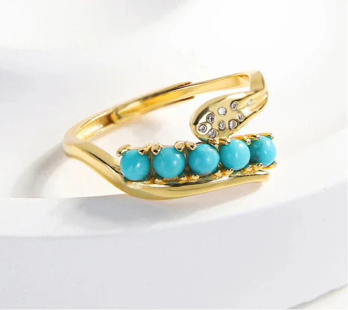 Natural Turquoise Bamboo Leaf Row Luxury Ring - OOAKB