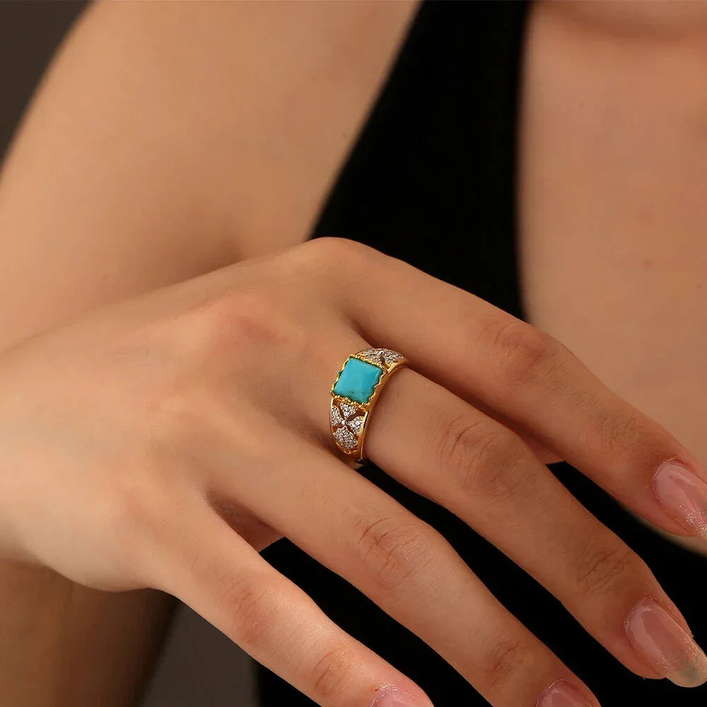Turquoise Square S925 Silver Open Ring - OOAKB