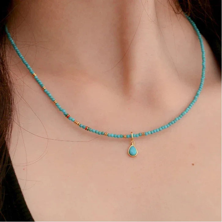 Natural Turquoise Round Bead Teardrop Pendant Luxury Necklace - OOAKB