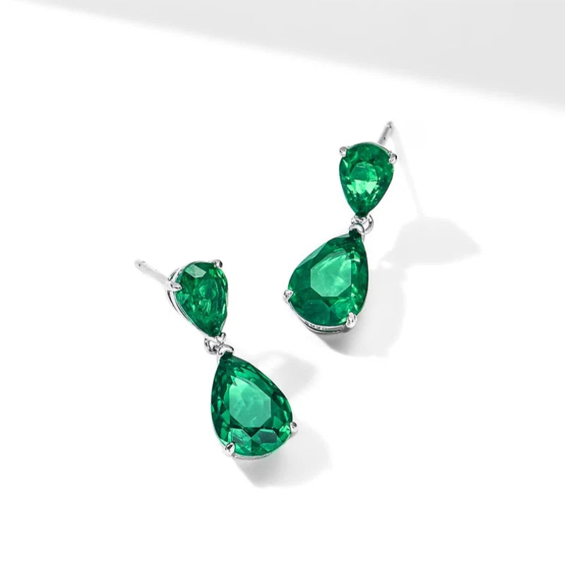 Emerald Double Teardrop Stud Earrings S925 Silver Women's Style