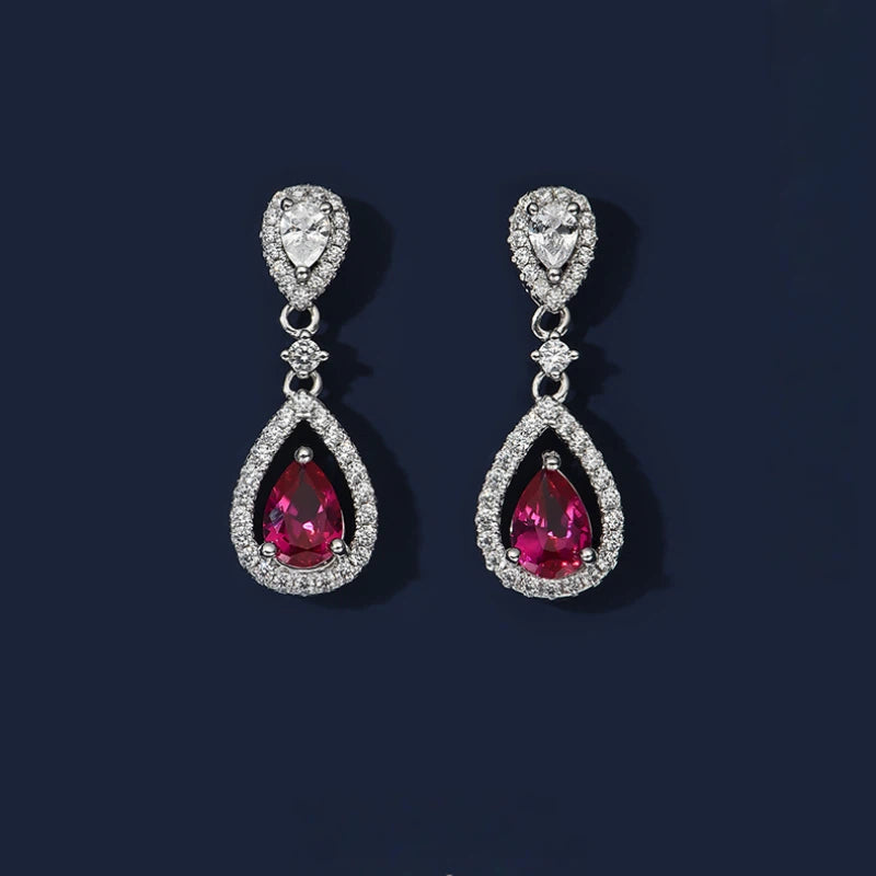 Pigeon Blood Ruby Teardrop Earrings S925 Silver Women's Style