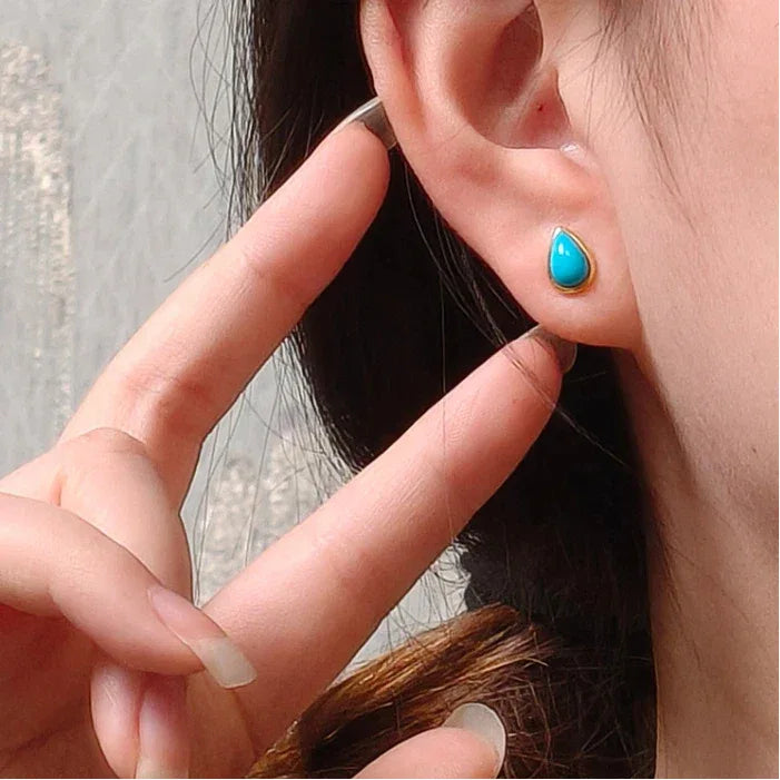 S925 Silver Natural American Turquoise Teardrop Earrings - OOAKB