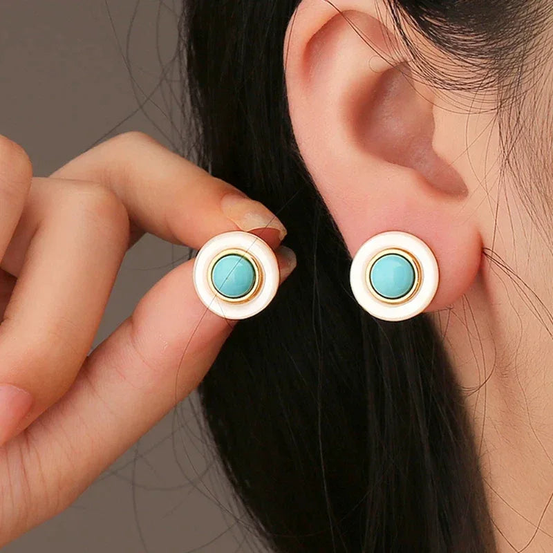Turquoise Round Mother of Pearl S925 Silver Earrings - OOAKB
