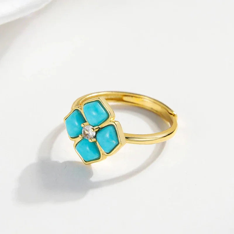 Turquoise Flower Four-Leaf Clover Open Ring - OOAKB