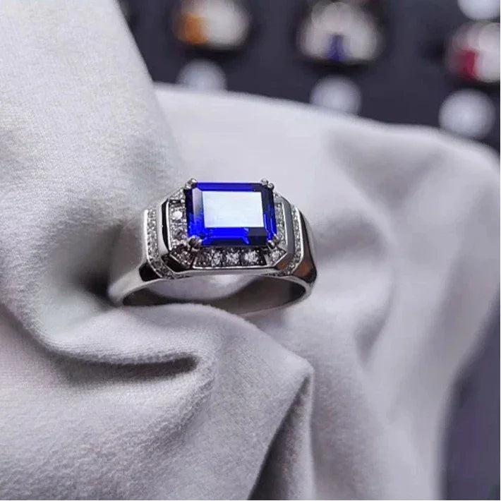 Silver Plated Gold Sapphire Men's Single Ring 3.15ct - OOAKB