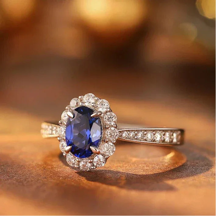 Sapphire S925 Silver Oval Halo Ring - OOAKB