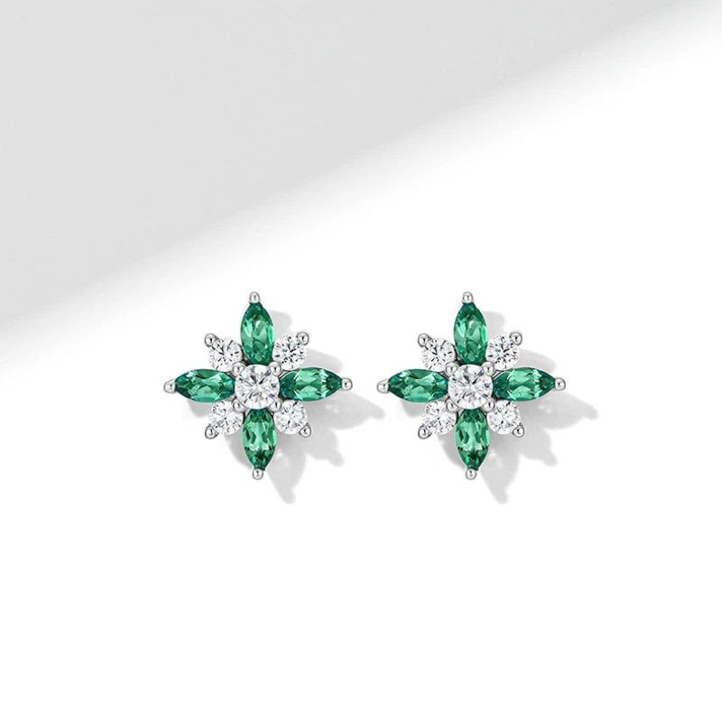 Emerald North Star Sparkling Diamond Stud Earrings S925 Silver Women's Style