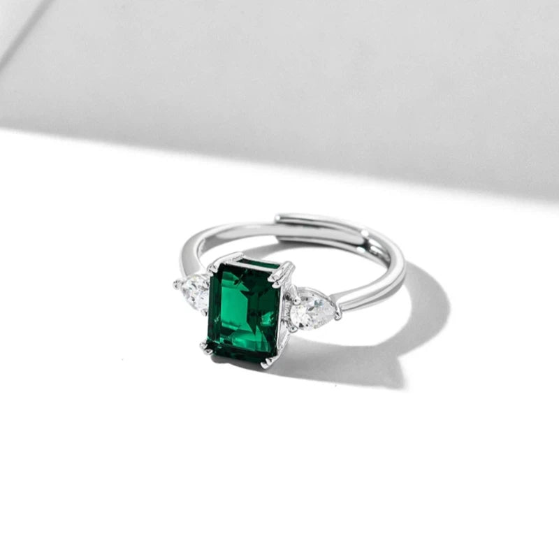 Emerald Princess Cut Adjustable Ring S925 Silver Women's Style
