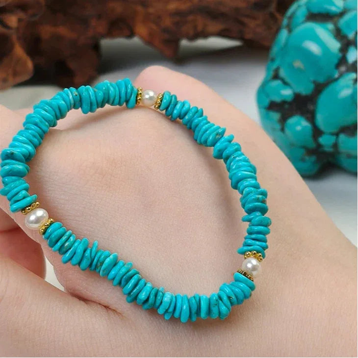 Turquoise Seed Material & Pearl Free-Form Bead S925 Silver Bracelet - OOAKB