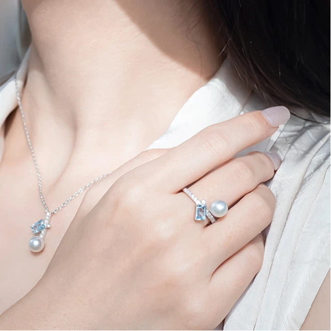 Blue Topaz S925 Silver Saltwater Pearl Ring