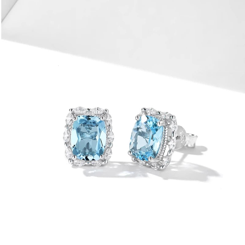 Natural Topaz Square Sugar Stud Earrings S925 Silver Women's Style
