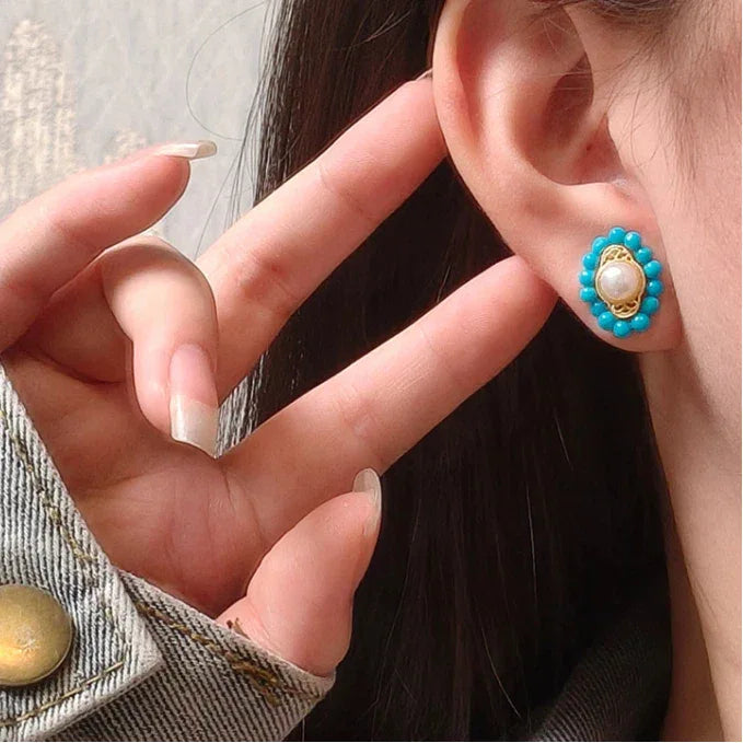 American Turquoise Seed Pearl Earrings - OOAKB