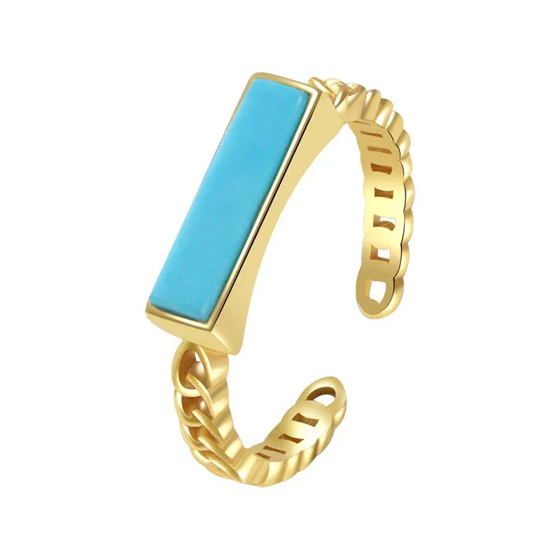 Turquoise Rectangular S925 Silver Open Ring - OOAKB