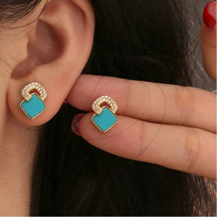 Natural Turquoise Square Luxury Earrings - OOAKB