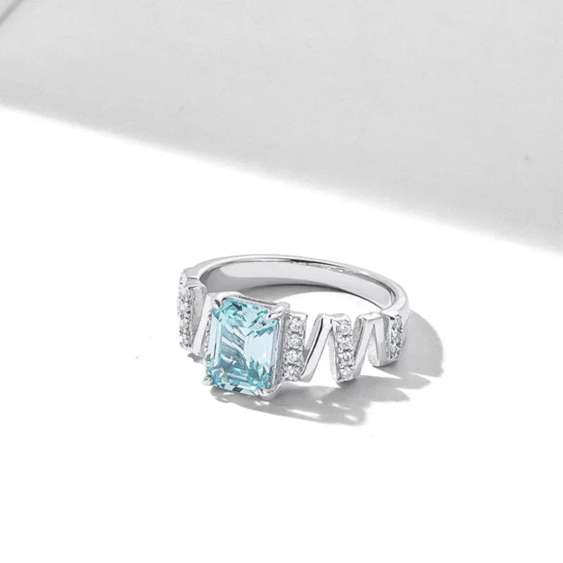 Sea Blue Square Sugar Aquamarine Ring S925 Silver Women's Style - OOAKB