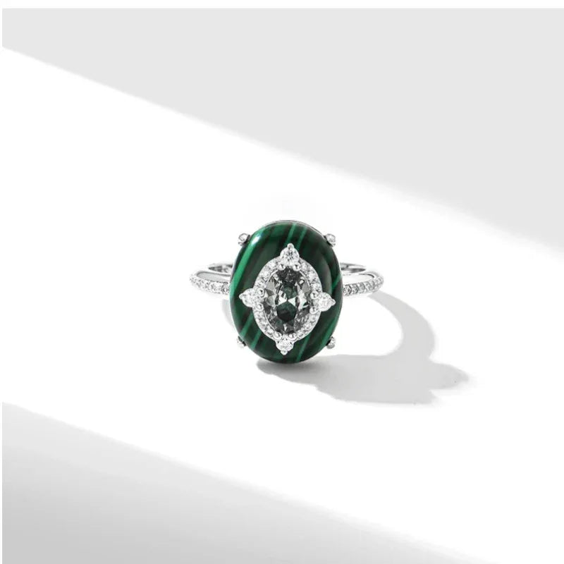 Cabochon Malachite Ring with Sparkling Diamonds Women's Style - OOAKB
