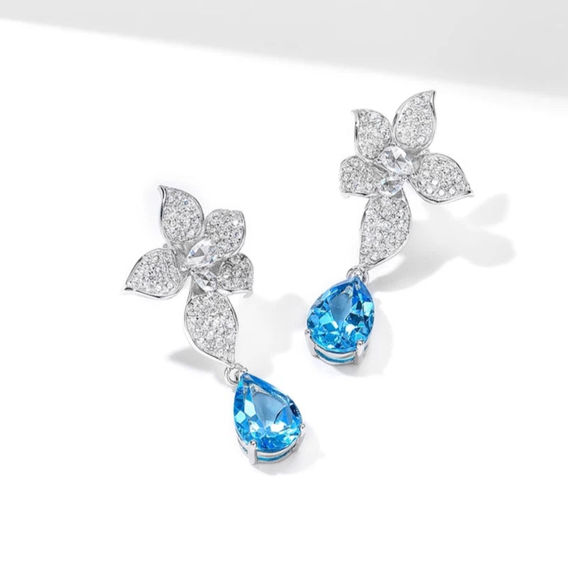 Topaz Blue Star Flower Earrings S925 Silver Women's Style