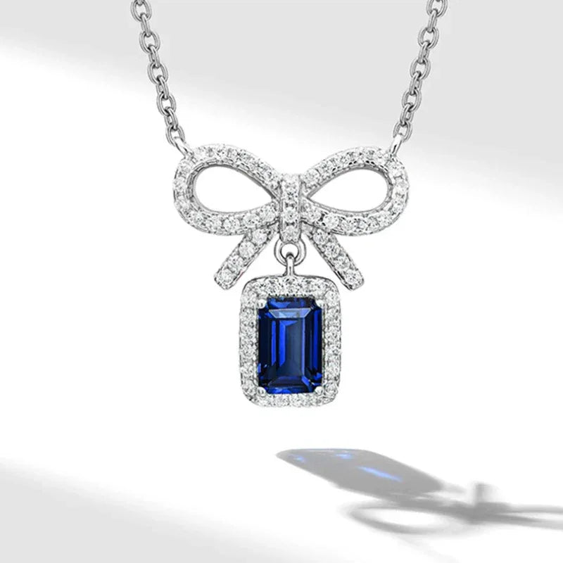 Sapphire Small Square Sugar Bowknot Necklace Women's Style - OOAKB