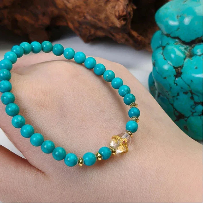 Turquoise Round Bead Crystal S925 Silver Bracelet - OOAKB